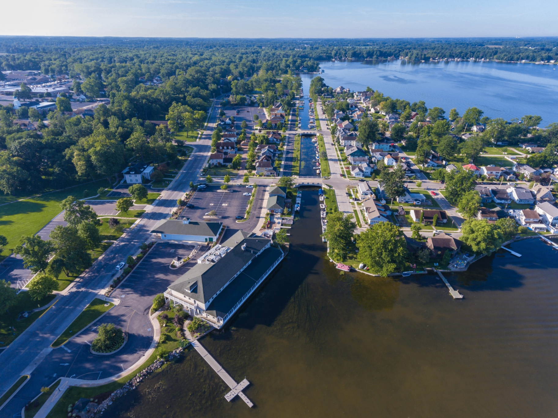 Local-character photograph of downtown Warsaw and the Winona Lake business district in Warsaw, Indiana.