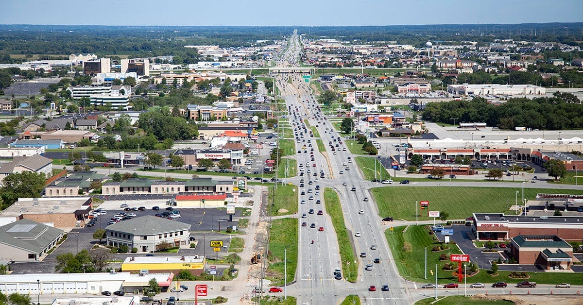 Local-character photograph of the US-30 and Broadway commercial corridor in Merrillville in Merrillville, Indiana.