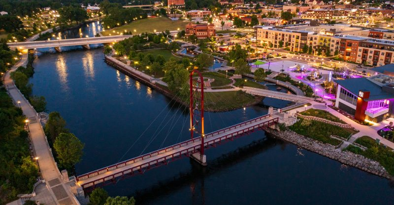 Local-character photograph of the St. Joseph River through downtown Mishawaka in Mishawaka, Indiana — service area for Phantom Technology Solutions managed IT.