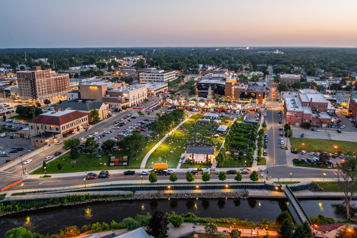 Local-character photograph of downtown Elkhart's historic main street in Elkhart, Indiana — service area for Phantom Technology Solutions managed IT.