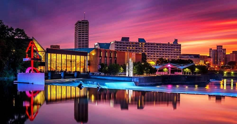 Local-character photograph of downtown South Bend skyline and East Race waterway in South Bend, Indiana — service area for Phantom Technology Solutions managed IT.