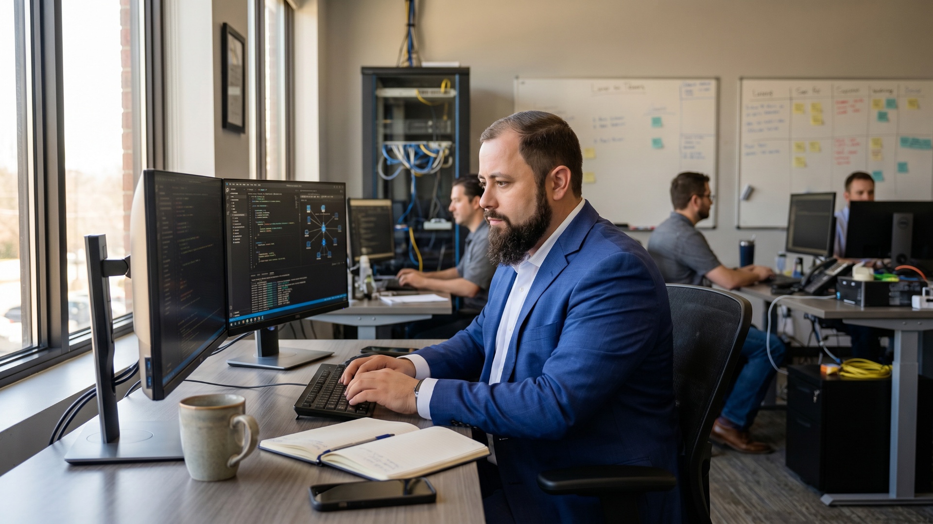 Henry Timm working alongside the Phantom Technology Solutions team at the Rolling Prairie, Indiana headquarters — engineers monitoring client environments and a server rack in the background.