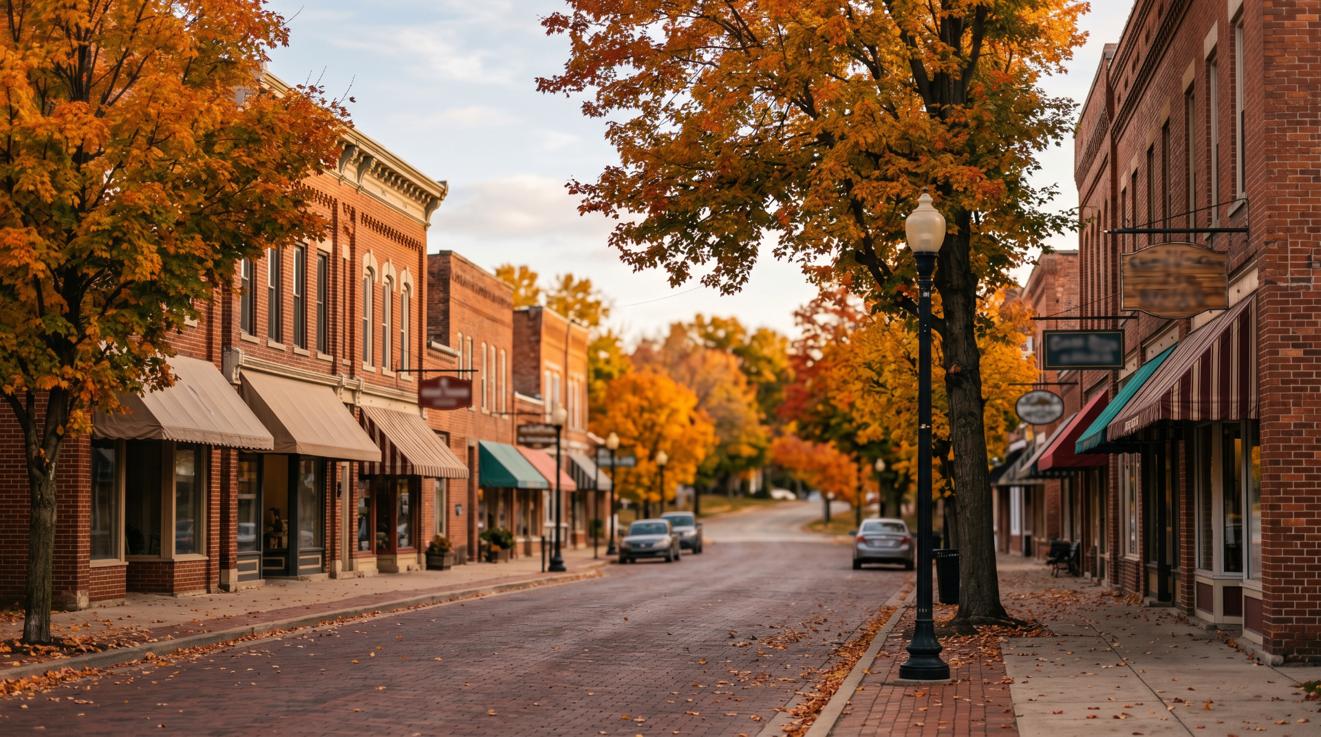 An autumn streetscape of a small Indiana or Michigan downtown — representing the local industries Phantom Technology Solutions serves.