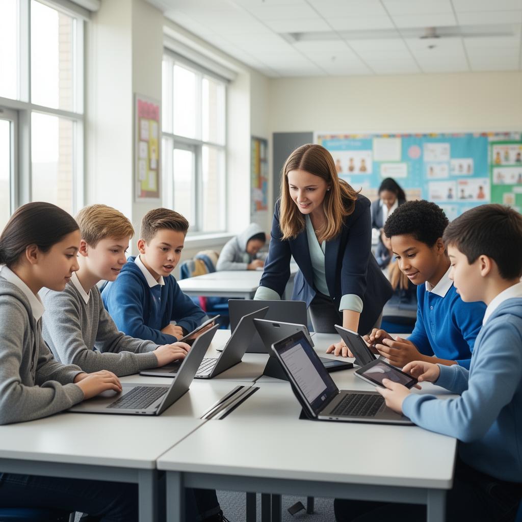 Students and teacher using laptops in modern classroom