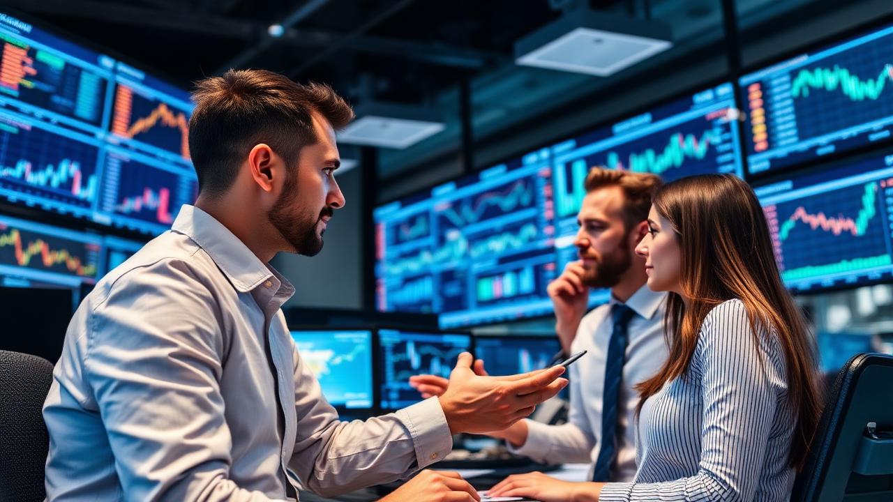 Financial professionals analyzing data on trading screens