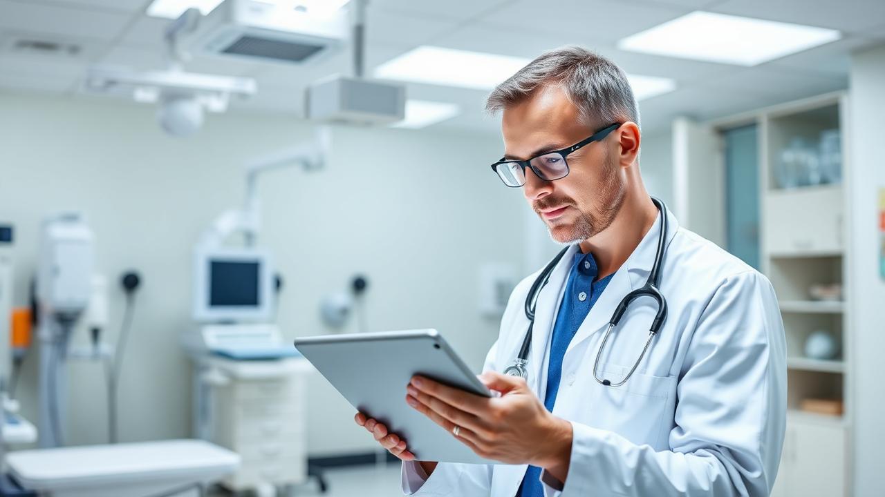 Healthcare professional using tablet in modern clinical environment