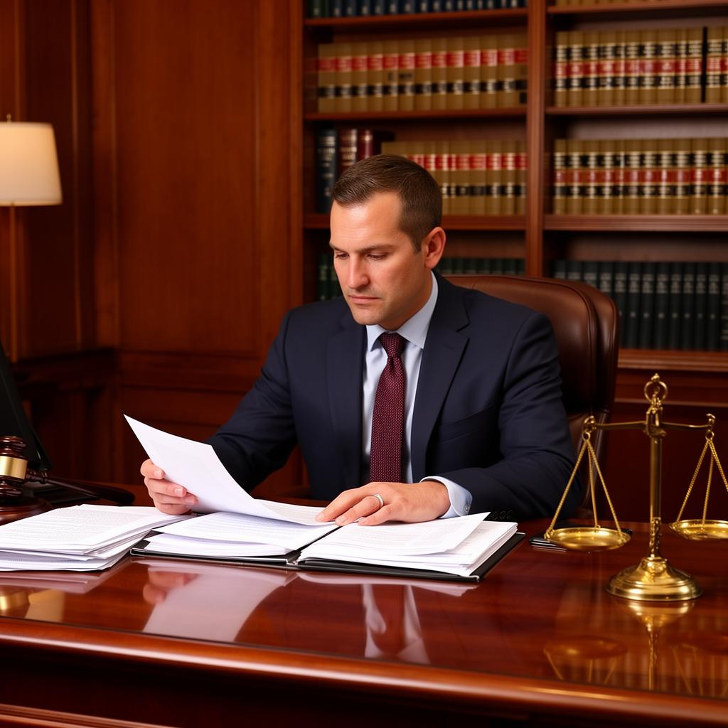Law firm office with attorney reviewing legal documents