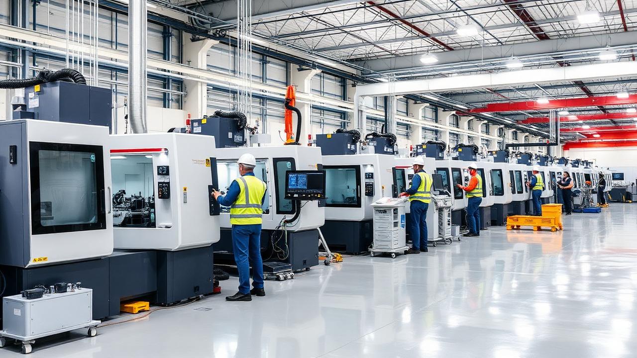Modern manufacturing facility with workers operating CNC machines