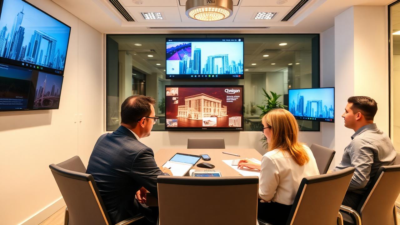 Professional services team in meeting room reviewing presentations