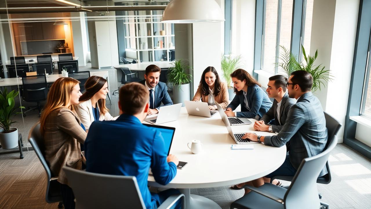 Small business team collaborating in modern office meeting