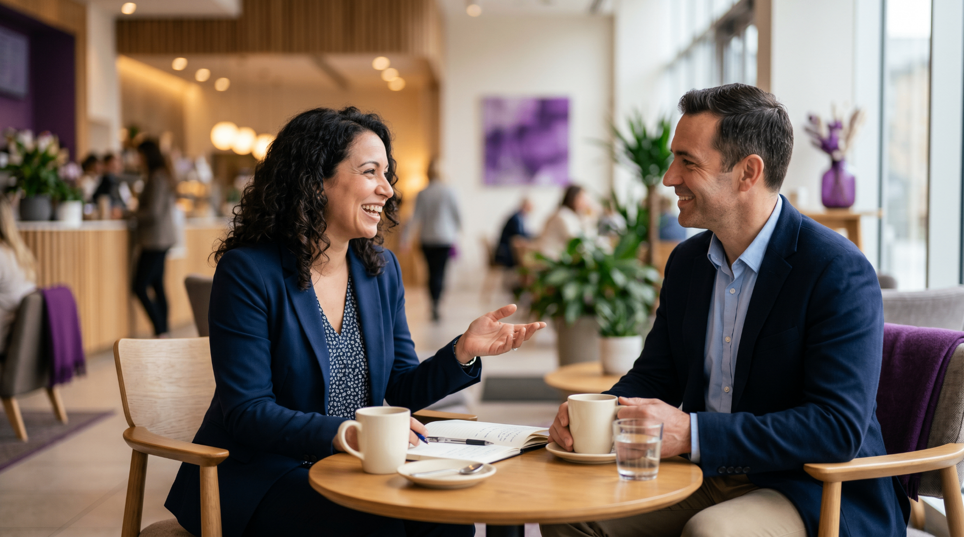 Two business professionals meeting over coffee to discuss a referral introduction