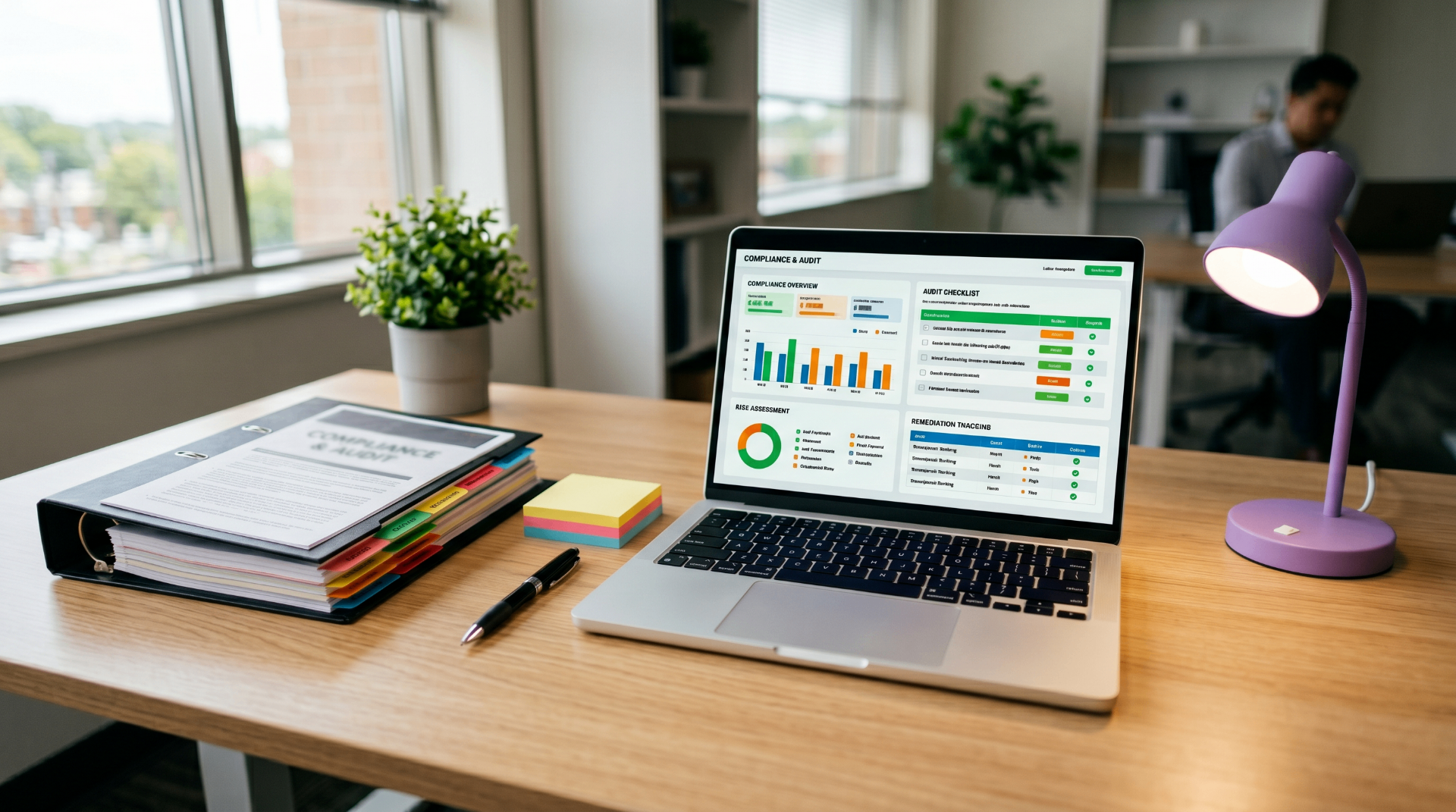 A compliance workspace with audit documentation, a checklist dashboard, and organized review materials for regulated businesses.