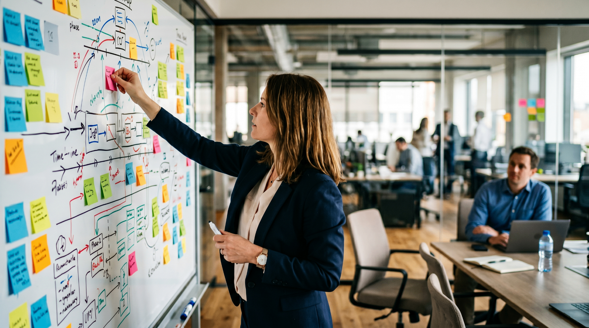 IT consulting strategy session — whiteboarding a technology roadmap with an Indiana or Michigan client team.