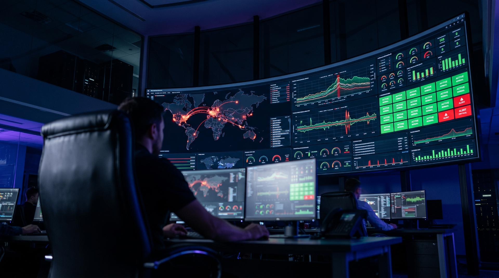 A cybersecurity analyst monitoring large threat detection dashboards in a security operations center.