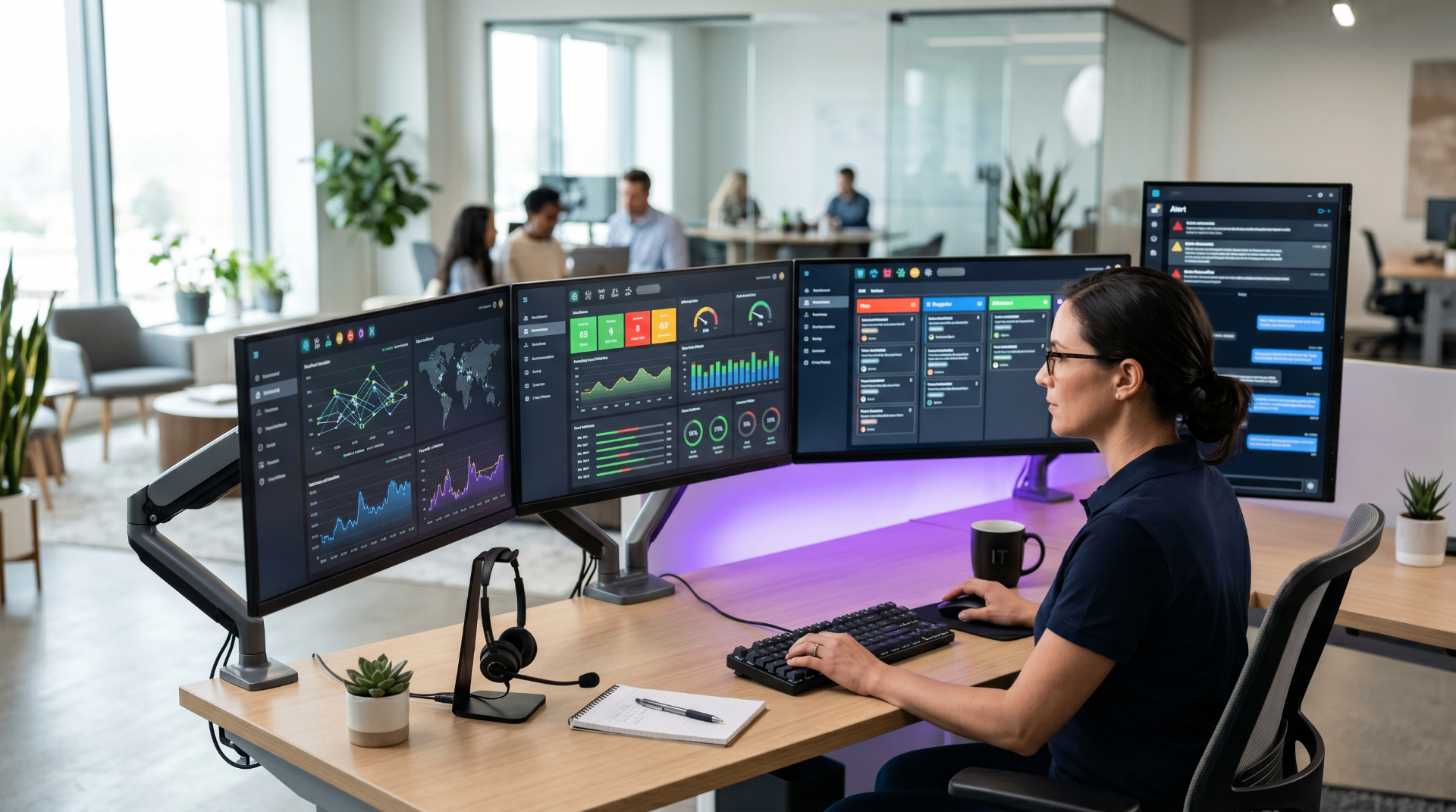 A PhantomTS technician monitoring multiple IT dashboards from a multi-screen workstation in a modern office.
