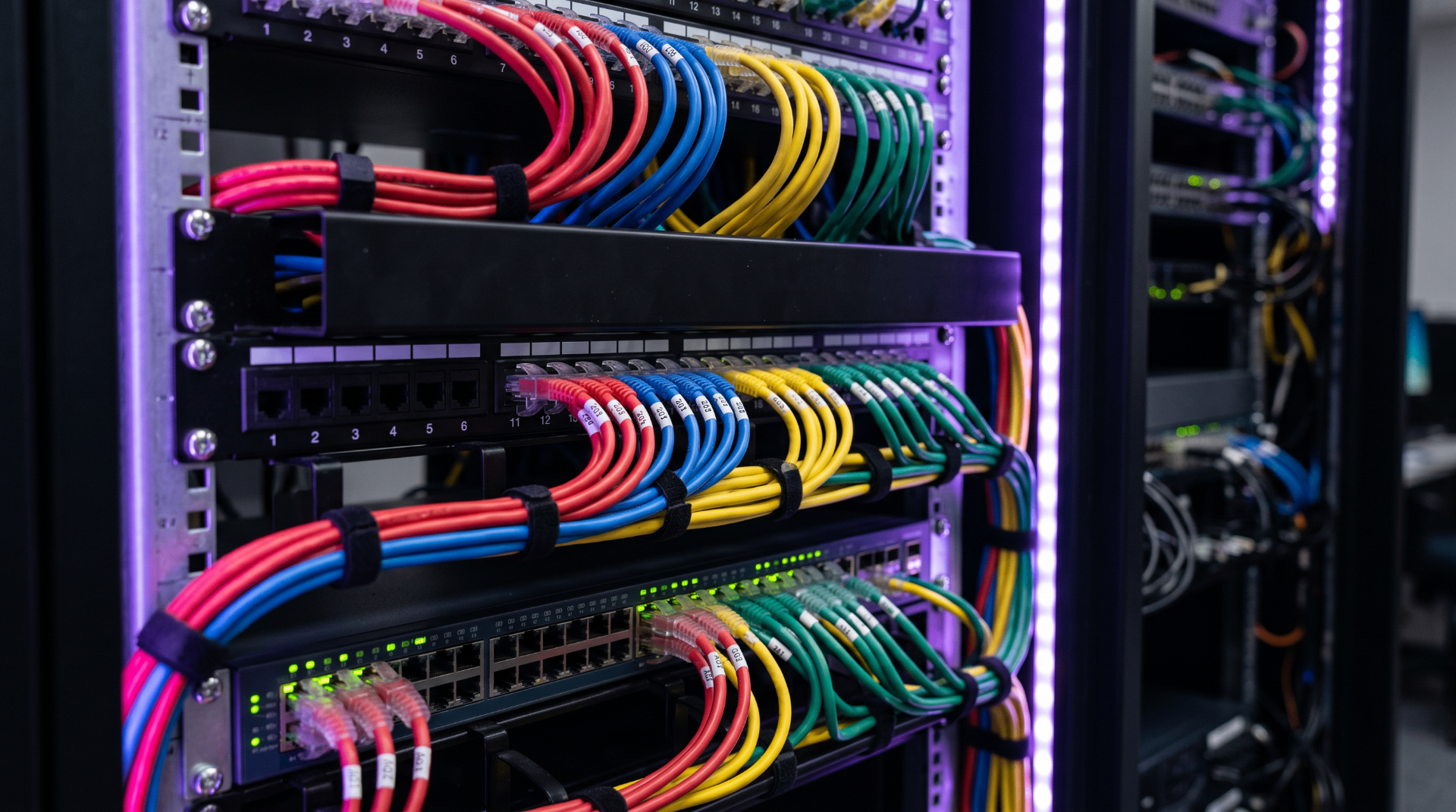 Network infrastructure project — color-coded cable management and rack install for an Indiana or Michigan SMB.