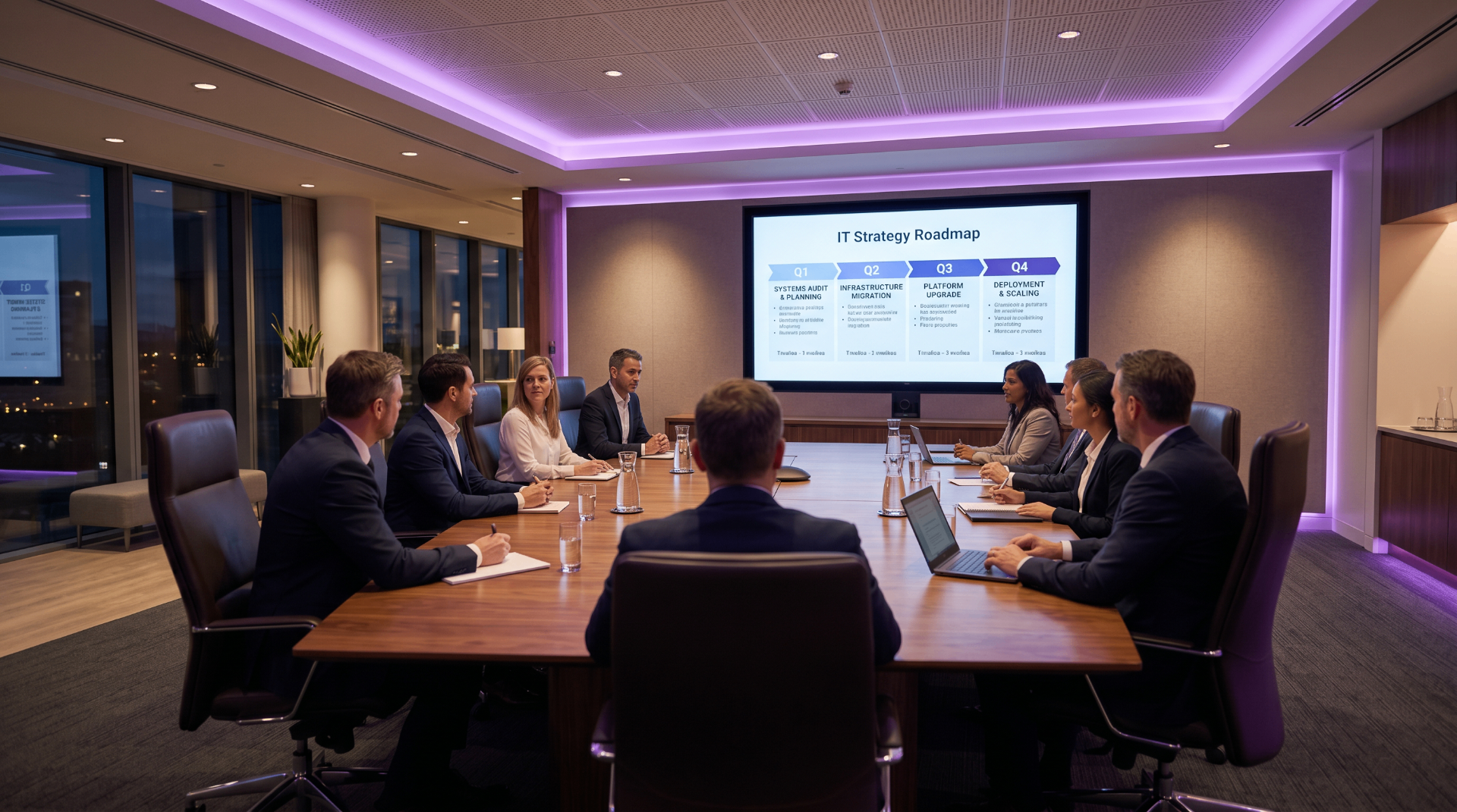 vCIO boardroom strategy session with an IT roadmap on the screen, led by PhantomTS for an Indiana or Michigan client.