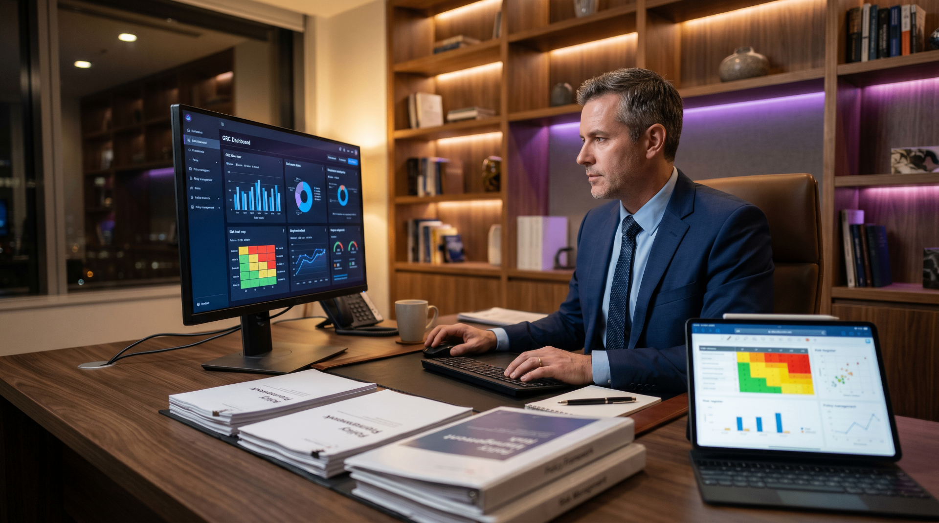 A vCISO reviewing a GRC dashboard with risk heat maps and policy documentation for an Indiana or Michigan client.